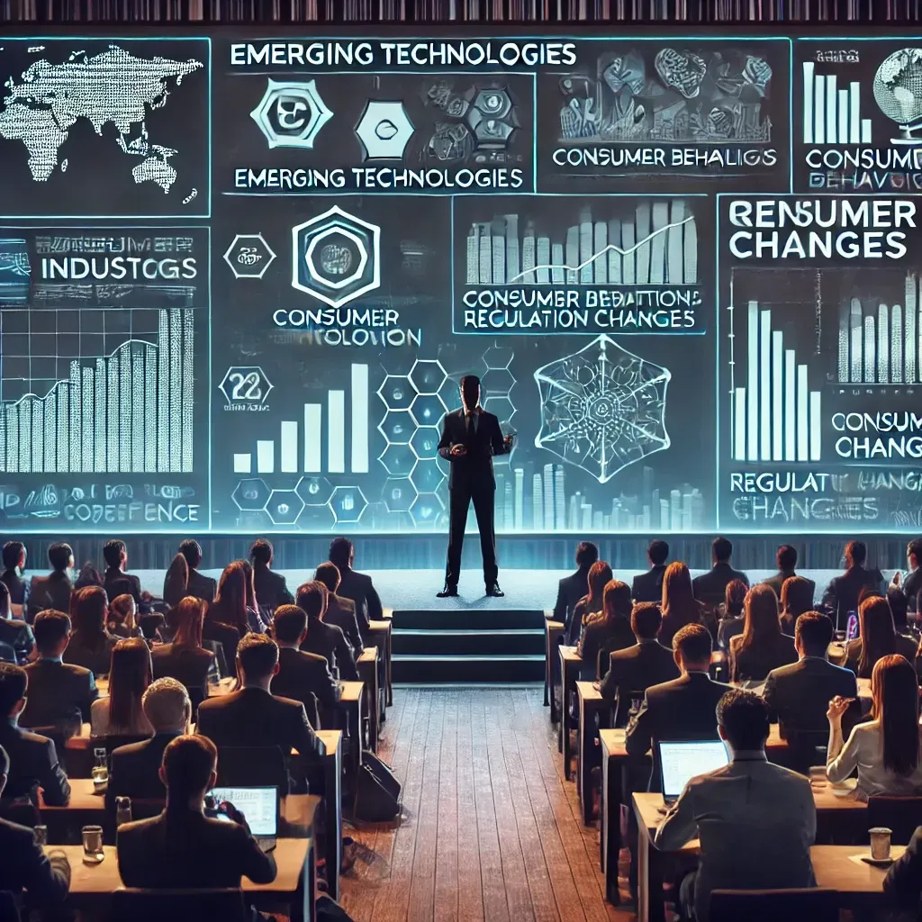 A keynote speaker stands on stage at a professional conference, delivering a presentation to an audience of industry professionals. Behind the speaker, a large screen displays graphs, charts, and key terms like