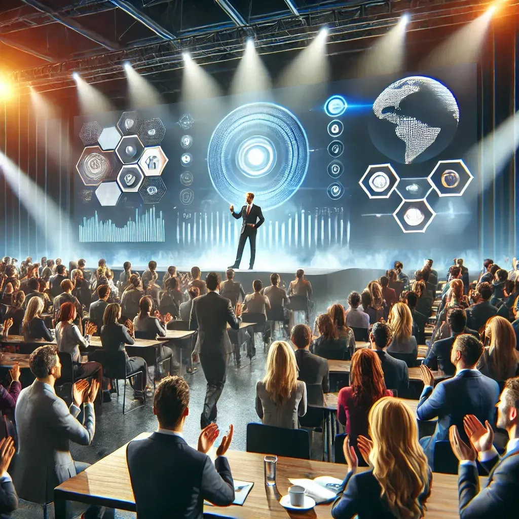 A motivational speaker engages with a large, diverse audience at a dynamic business conference. The speaker stands confidently on a modern stage with a large screen displaying inspirational visuals. The audience is captivated, with some professionals taking notes and others applauding, while vibrant decor and spotlights add energy to the atmosphere.