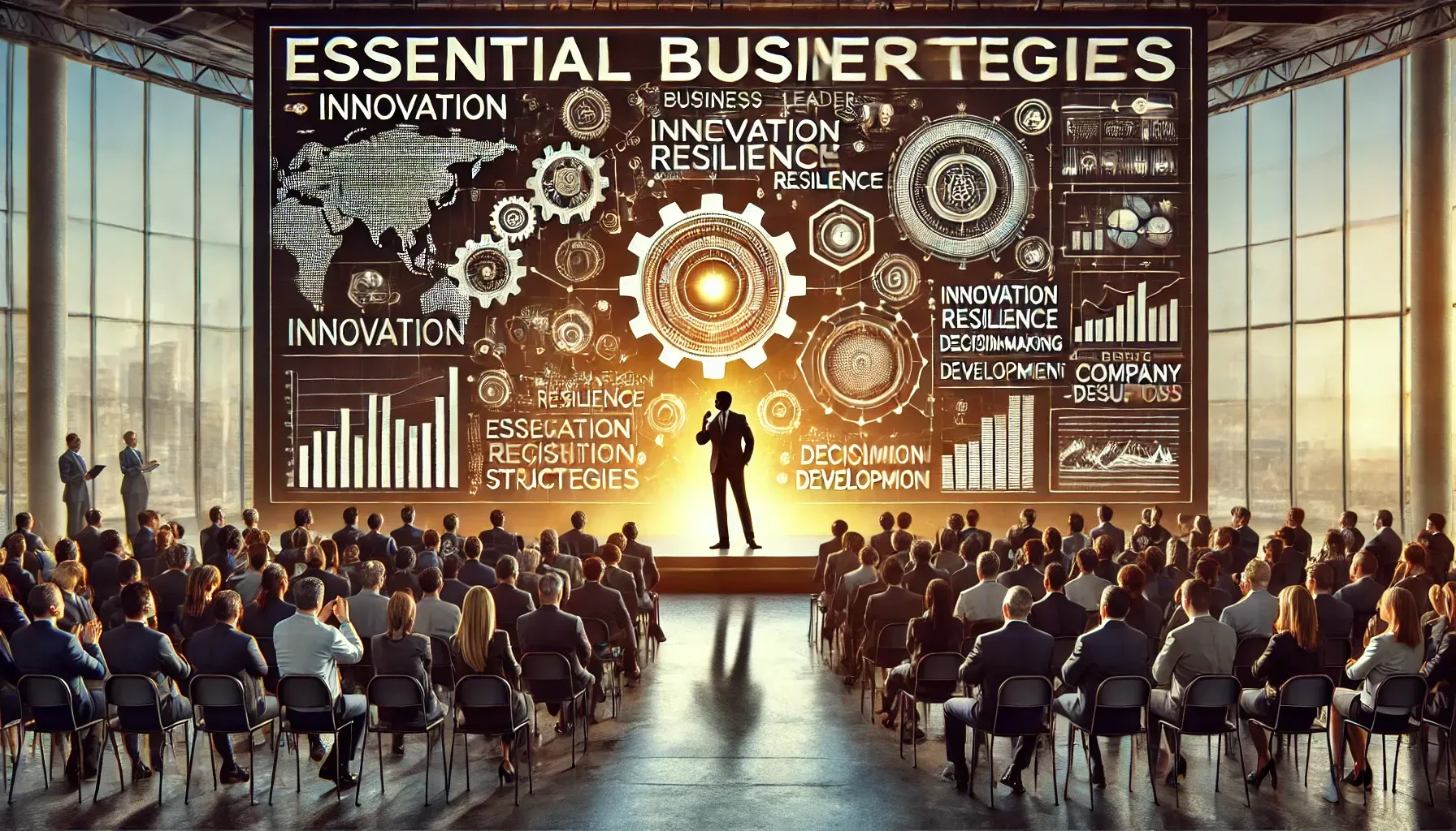A leadership conference featuring a keynote speaker addressing an audience of engaged professionals on essential business strategies, including innovation, resilience, and decision-making. The structured presentation supports leaders with actionable insights to enhance organizational success and cultivate a positive company culture.