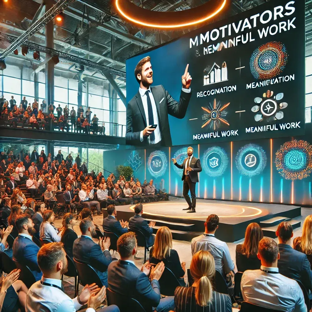 Andrew Rhoden, a motivational speaker, presenting to a corporate audience on workplace motivators and team success. The screen behind him highlights key motivators such as recognition, meaningful work, and employee well-being. The energized audience listens attentively and takes notes in a vibrant, collaborative conference hall setting that emphasizes growth and perseverance.