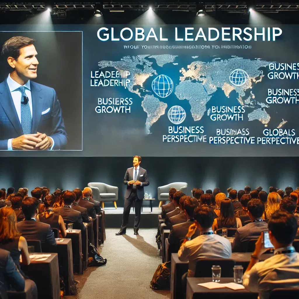 Andrew Rhoden delivers a keynote speech on global leadership, standing confidently on a stage with a screen displaying a world map and keywords like