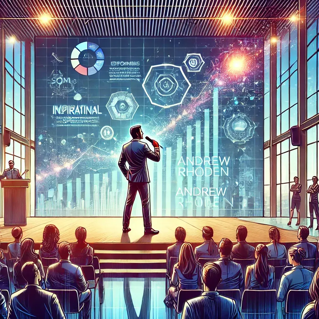 A man is giving a presentation in front of a large screen to a group of people.