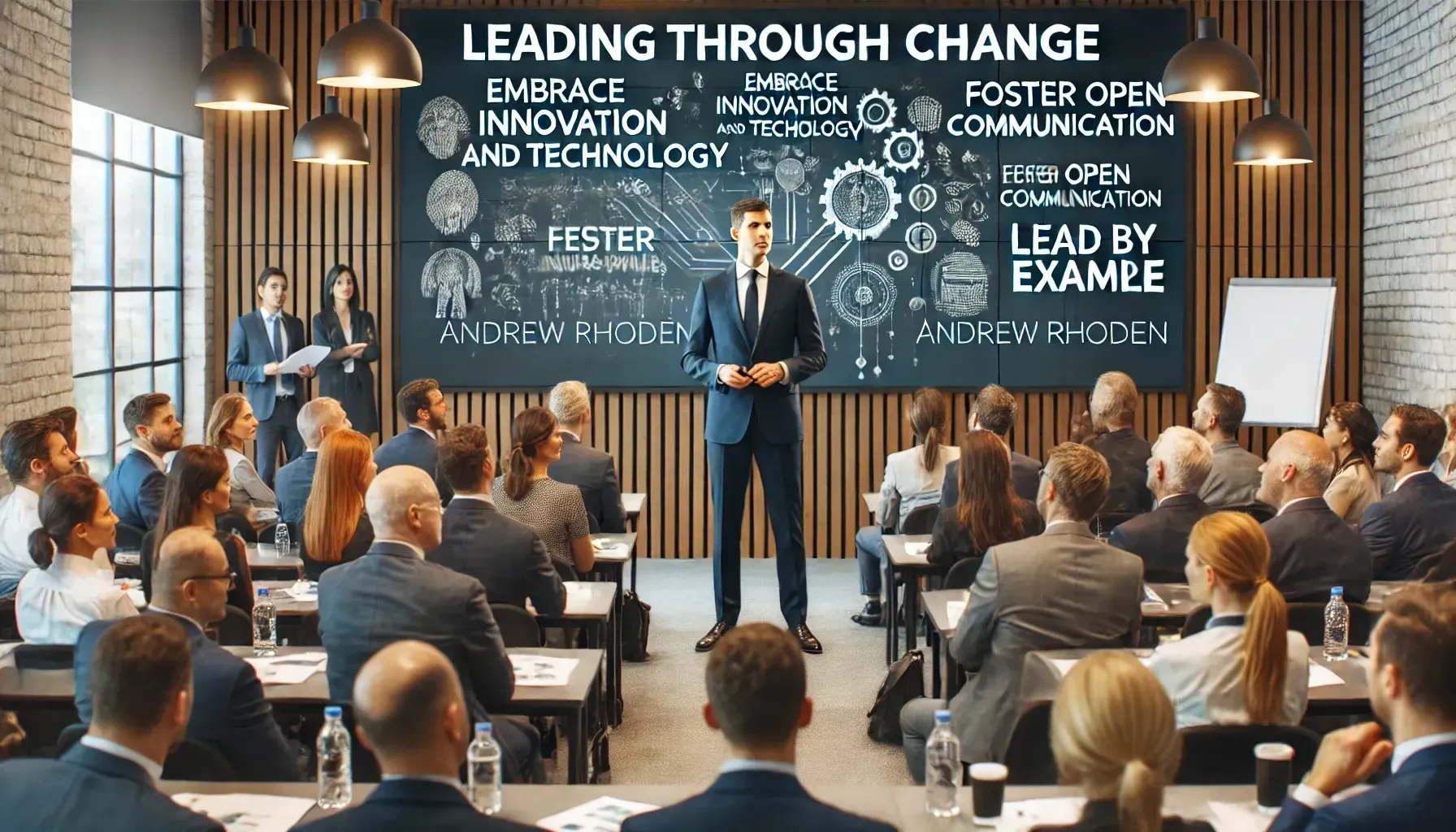 The image has been created, depicting Andrew Rhoden speaking to a group of executives during a corporate seminar on leading through change. The visuals align with key leadership strategies like embracing innovation, fostering open communication, and leading by example.