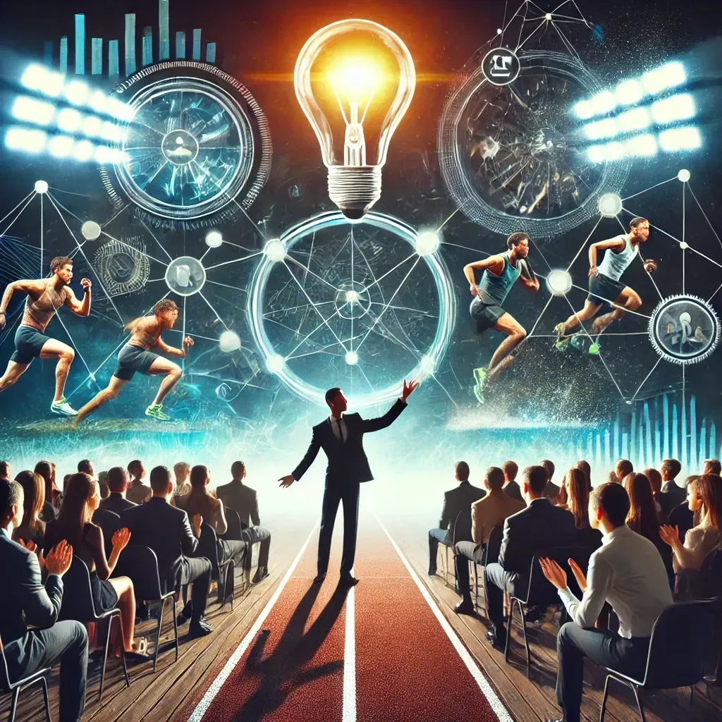 An inspirational speaker passionately addressing a captivated audience on stage. The backdrop features abstract visuals blending a running track for discipline, interconnected team members for teamwork, and a glowing light bulb for adaptability. The diverse audience includes athletes, professionals, and students, symbolizing the universal appeal and impact of motivational messages. Bright lighting emphasizes the speaker, creating a dynamic and empowering atmosphere.
