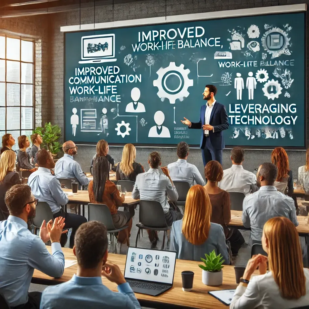 A professional development workshop with a business speaker addressing employees and leaders. The large screen behind the speaker displays topics such as