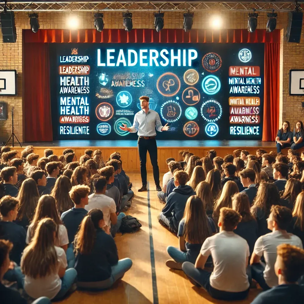 An inspiring scene in a school auditorium with a motivational speaker addressing a diverse group of high school students. The speaker is animated and engaging, standing on a well-lit stage with a screen displaying topics such as