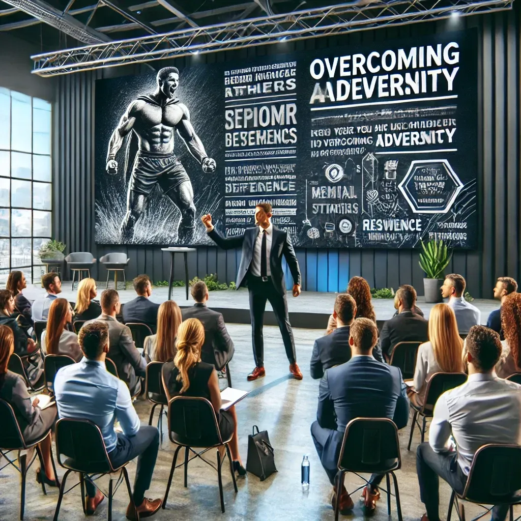 A dynamic keynote speaker confidently addresses an engaged audience at a corporate event. The speaker gestures while sharing insights on overcoming adversity, with professionals and athletes attentively listening. The stage features a large screen displaying motivational quotes and visuals related to resilience and personal growth. The background includes modern conference decor, emphasizing the importance of mental strength and determination.