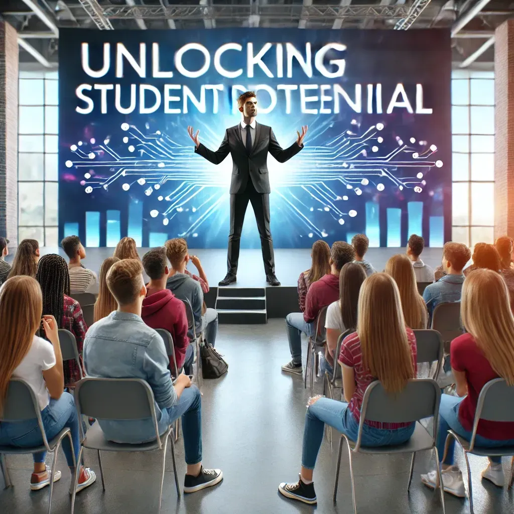 A dynamic guest speaker addressing a group of high school students in a large auditorium. The speaker, standing on a stage, is animated and engaging, using expressive hand gestures. The students are attentively listening, some taking notes, while others nod in agreement. A large screen behind the speaker displays the words