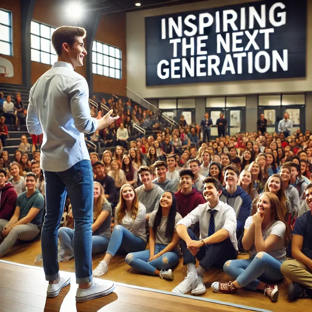 A motivational speaker engaging with a group of high school students in a school auditorium. The speaker, standing confidently on stage, shares a personal story while students in the audience react with enthusiasm—some smiling, others nodding, and a few taking notes. The background features a large screen displaying the words