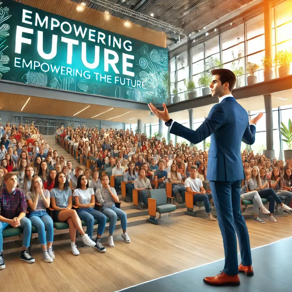 A top motivational speaker addressing a large group of high school students in a bright, modern auditorium. The speaker, dressed professionally, stands confidently on stage, using expressive hand gestures while engaging the students. The students, seated in rows, are listening attentively, some taking notes and others reacting with enthusiasm. A large screen behind the speaker displays the phrase