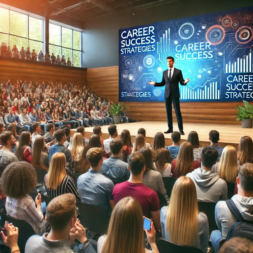 A motivational speaker delivering an inspiring talk at a university career fair. A diverse audience of college students is seated in a modern auditorium, attentively listening and taking notes. The speaker, a charismatic professional in business attire, stands on stage next to a large screen displaying 'Career Success Strategies' with engaging visuals. The setting conveys enthusiasm and motivation, with students nodding and engaging in discussion.