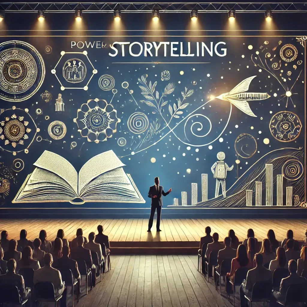 A keynote speaker on stage addressing an audience, with a large screen behind them displaying an inspiring visual of a storytelling journey. The background includes interconnected dots symbolizing connections through narratives and an open book representing wisdom and storytelling. The professional color scheme of navy blue, gold, and white conveys inspiration, leadership, and professionalism.