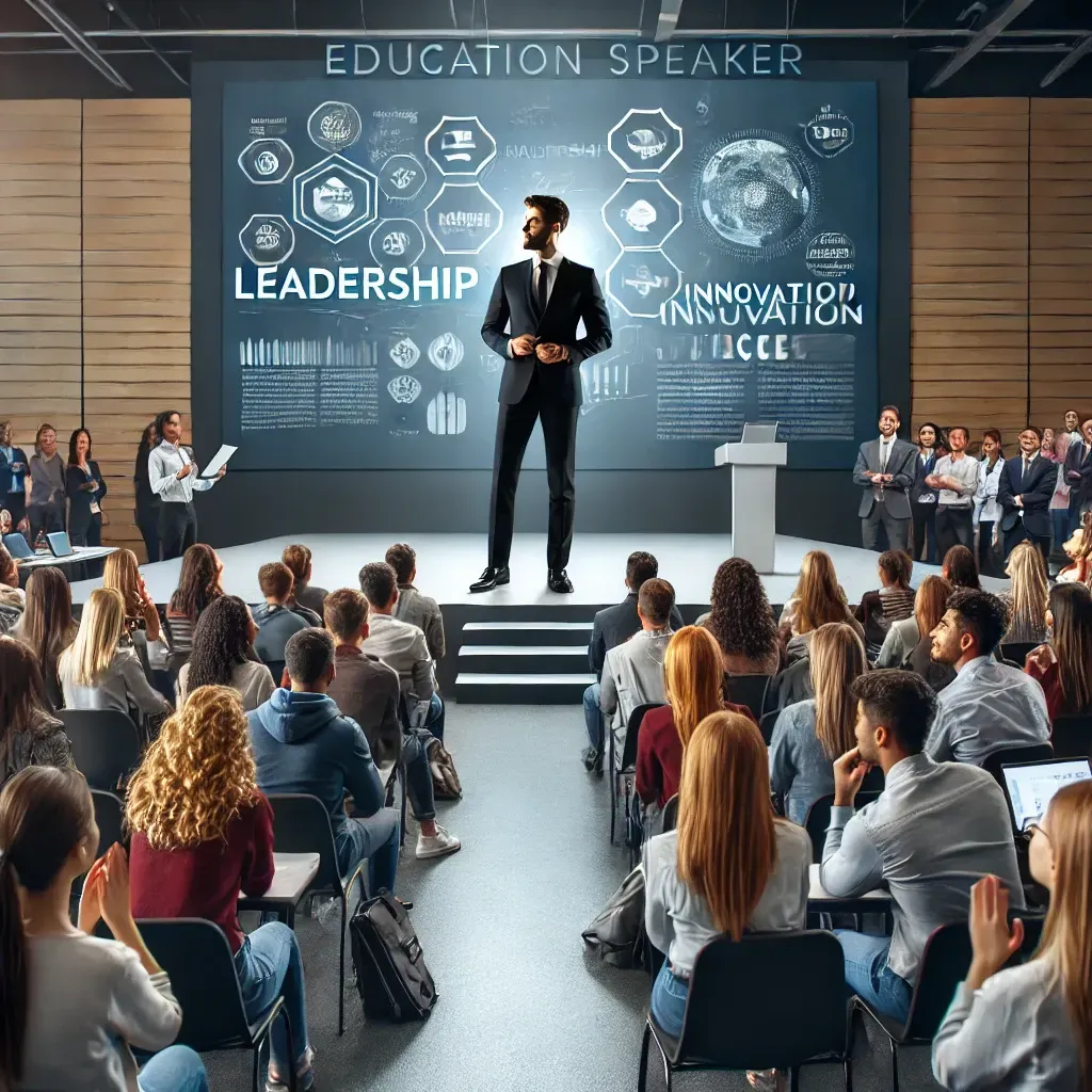 A dynamic education speaker addressing a large audience in a modern conference hall. The speaker stands confidently on stage, engaging with students, educators, and business leaders. The audience is captivated, taking notes and reacting positively to the inspiring presentation. A large screen behind the speaker displays key topics such as leadership, innovation, and student success. The atmosphere is professional and motivational, emphasizing the power of education speakers in transforming lives.
