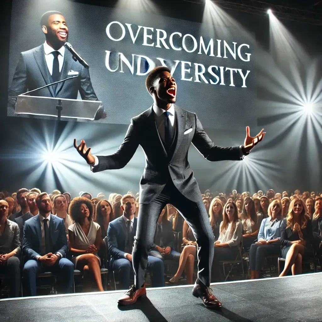 A powerful motivational speaker on stage, passionately addressing a captivated audience. The speaker, a confident African American man in a sharp suit, gestures with energy and enthusiasm. Behind him, a large screen displays an inspiring message about overcoming adversity. The stage lighting highlights the speaker, creating a dynamic and empowering atmosphere. The audience, diverse and engaged, listens attentively, some taking notes.