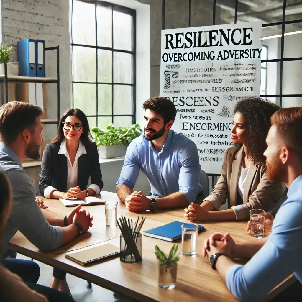 A diverse group of employees in a modern office, engaged in a discussion about resilience and overcoming adversity. A motivational speaker or mentor is sharing an inspiring story, while the team listens attentively with expressions of encouragement and determination. The background features a whiteboard with motivational quotes and success strategies, conveying teamwork, support, and professional growth.
