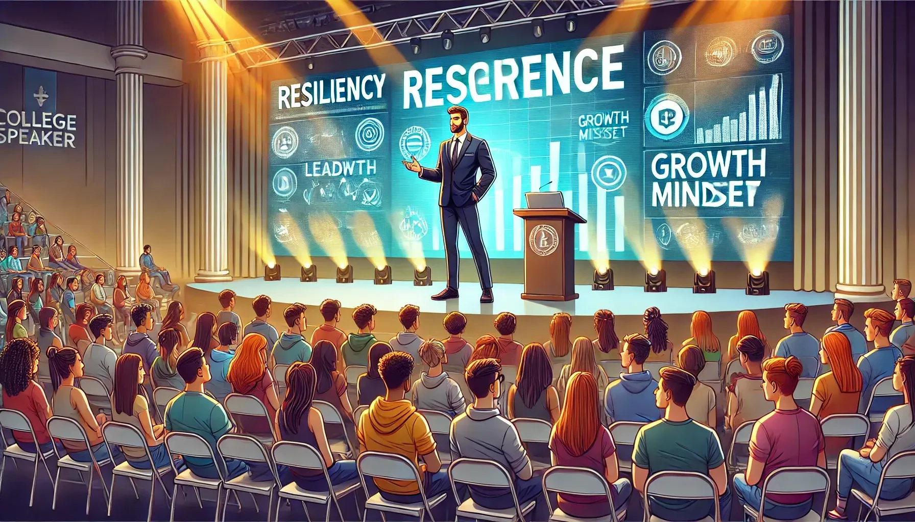 A motivational college speaker addresses a diverse group of students in a university auditorium, delivering an inspiring talk about leadership and personal growth.