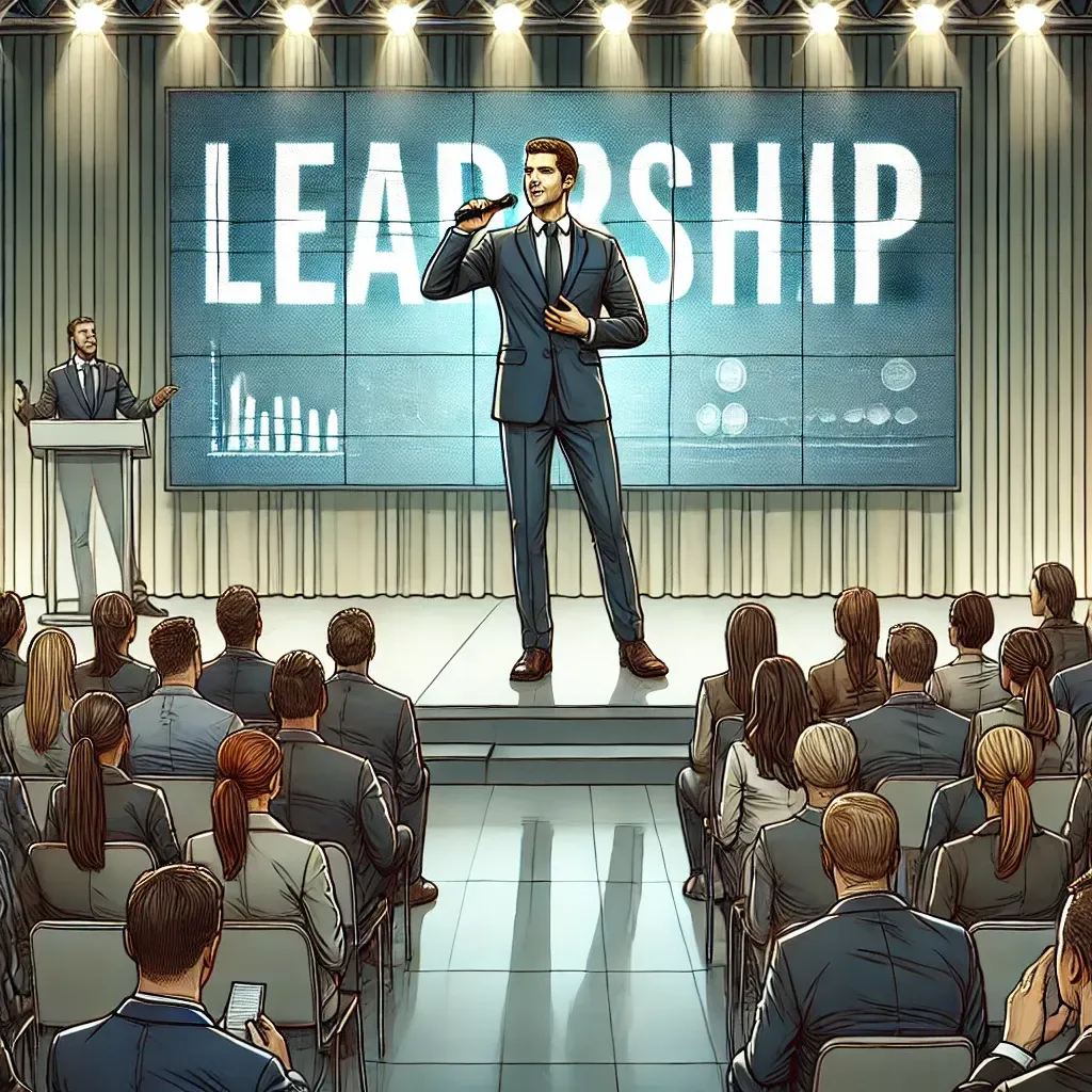 A motivational keynote speaker in business attire delivers a powerful leadership message to a diverse corporate audience at a conference. The stage backdrop displays the word