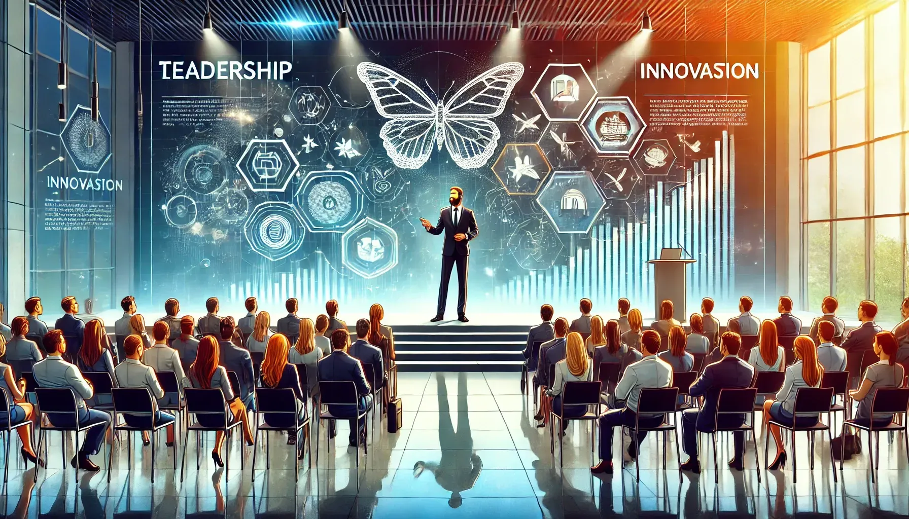A professional guest speaker delivers a keynote address to a diverse corporate audience in a modern, well-lit conference room. A large screen behind the speaker displays visuals related to leadership and innovation, while the audience listens attentively and takes notes.