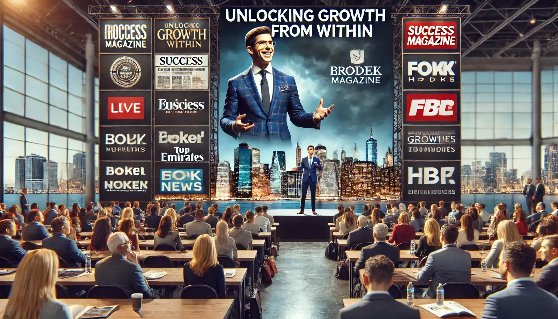 A charismatic keynote speaker presents on a grand stage with a digital slide reading “Unlocking Growth from Within.” Banners subtly show logos of national publications. The audience is filled with professionals from tech, finance, and healthcare industries, fully engaged. The upscale venue includes dynamic lighting, a media wall, and video crews, highlighting the speaker's national recognition and impact in business transformation.