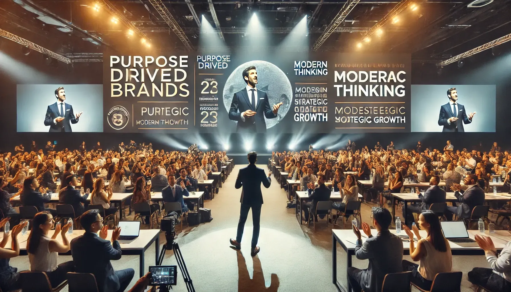 An internationally recognized keynote speaker delivers a compelling presentation on stage at a large business conference. Behind him, a screen displays terms like “Purpose-Driven Brands,” “Modern Thinking,” and “Strategic Growth.” The audience of professionals is engaged, applauding and taking notes. The event space features professional lighting, branding banners, and camera crews, emphasizing the speaker’s wide-reaching influence and transformative message across industries.