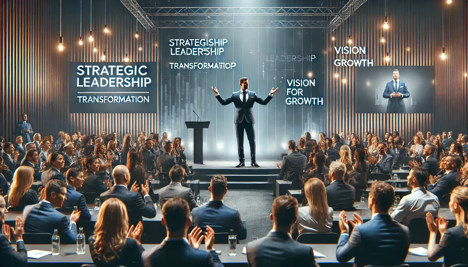 A dynamic keynote speaker in a tailored suit addresses a packed audience of corporate professionals in a high-end conference hall. Behind the speaker, a stage screen displays empowering terms like “Strategic Leadership,” “Transformation,” and “Vision for Growth.” The audience, representing various industries, is fully engaged—taking notes and nodding. The setting is modern and professional, with branding banners and strategic lighting that highlight the speaker’s role in leading impactful business conversations.