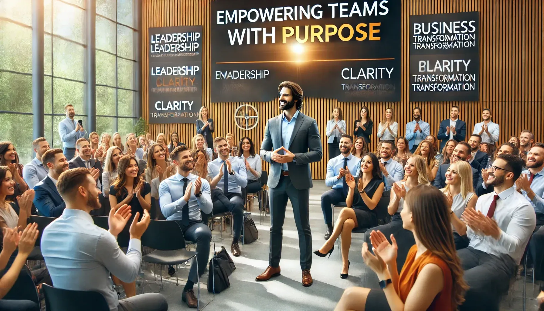 A motivational business speaker stands confidently in front of a screen that reads “Empowering Teams with Purpose,” addressing a captivated audience of diverse corporate professionals in a modern auditorium. Attendees are engaged—clapping, smiling, and taking notes. Inspirational banners around the room display words like “Leadership,” “Clarity,” and “Transformation,” creating an uplifting atmosphere that reflects the power of purpose-driven business speaking.
Let me know if you'd like a variation for digital ads, speaker bios, or