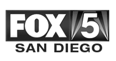 A black and white logo for fox 5 san diego