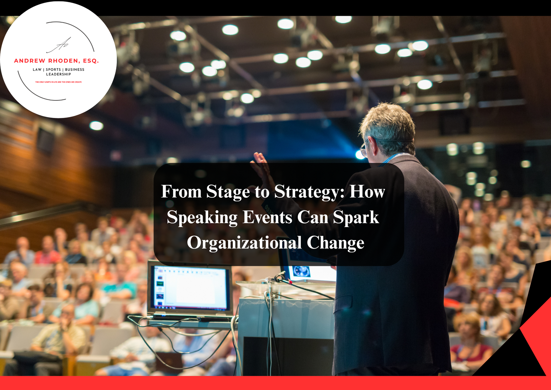 Business speaker presenting at a corporate event with audience engaged