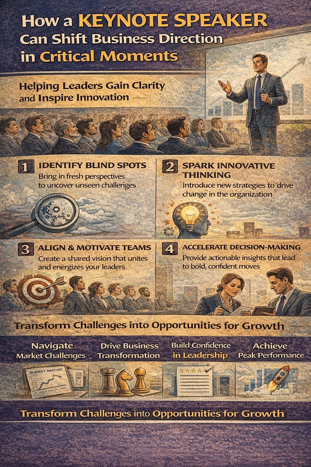 How a Keynote Speaker Can Shift Business Direction in Critical Moments.” It shows a professional speaker presenting to a seated audience of business leaders, with charts and upward-trending graphs in the background.
The graphic highlights four key impacts: identifying blind spots by bringing fresh perspectives, sparking innovative thinking with new strategies, aligning and motivating teams around a shared vision, and accelerating decision-making through actionable insights.
A final section emphasizes transforming challenges into opportunities for growth, including navigating market challenges, driving business transformation, building leadership confidence, and achieving peak performance.