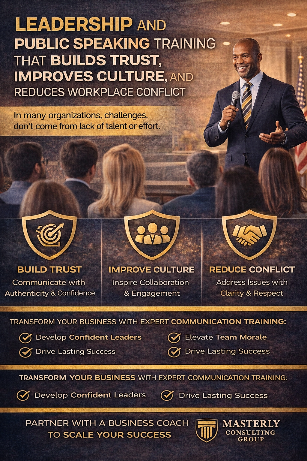 A professional promotional graphic showing a leadership keynote speaker presenting to an audience, highlighting benefits of public speaking training such as building trust, improving company culture, and reducing workplace conflict.