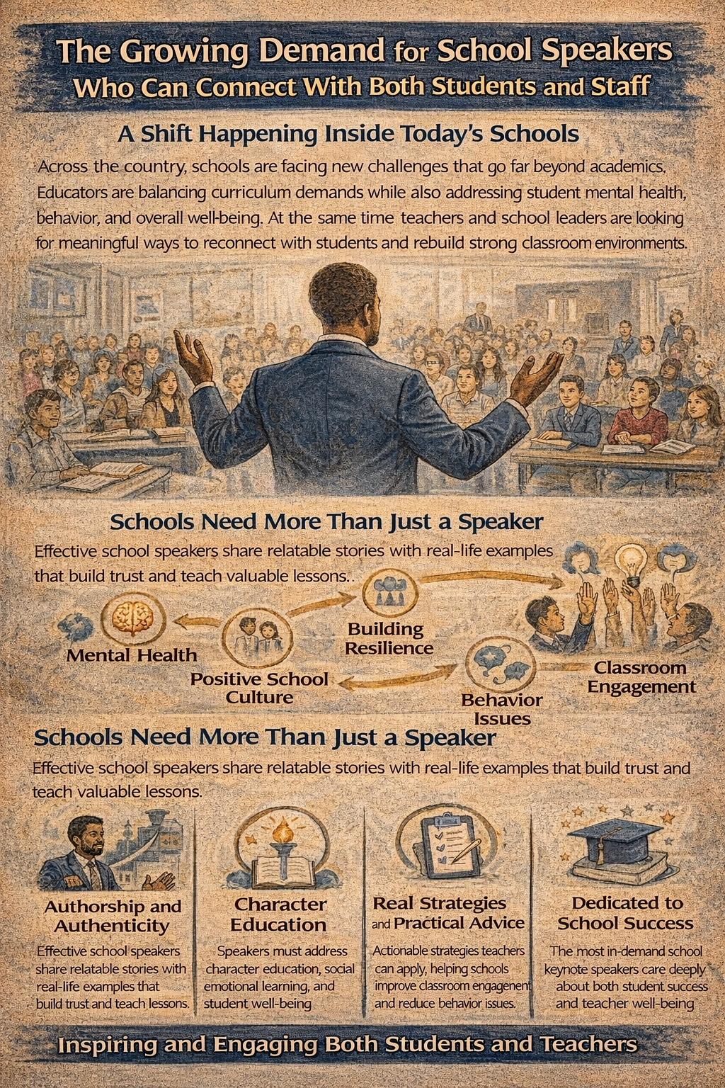 The Growing Demand for School Speakers Who Can Connect With Both Students and Staff,” showing a speaker addressing a large, diverse classroom of students and educators. The graphic highlights the shift in modern schools toward addressing mental health, behavior, and student well-being. It outlines key qualities of effective school speakers, including authenticity, character education, practical strategies, and a focus on school success, using icons and visuals to emphasize engagement, resilience, and positive school culture.
