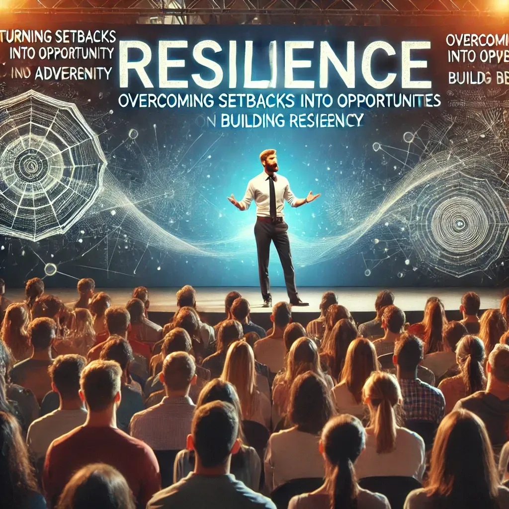 A motivational speaker addressing a captivated audience at a large event, with an inspiring backdrop featuring words like 'Resilience' and 'Overcoming Adversity.' The speaker uses dynamic gestures to engage the audience, creating an energetic and uplifting atmosphere focused on turning challenges into opportunities and building resilience.