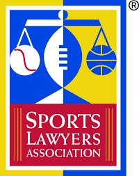 A logo for the sports lawyers association with a tennis ball and scales of justice