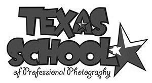 A black and white logo for texas school of professional photography