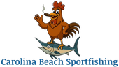 A cartoon rooster smoking a cigar, standing atop a marlin fish, with the text "Carolina Beach Sportfishing" below.
