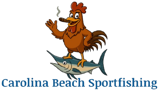 A cartoon rooster smoking a cigar, standing atop a marlin fish, with the text "Carolina Beach Sportfishing" below.