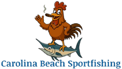 A cartoon rooster smoking a cigar, standing atop a marlin fish, with the text "Carolina Beach Sportfishing" below.