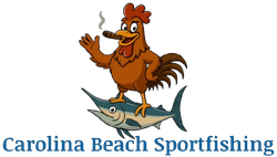 A cartoon rooster smoking a cigar, standing atop a marlin fish, with the text "Carolina Beach Sportfishing" below.