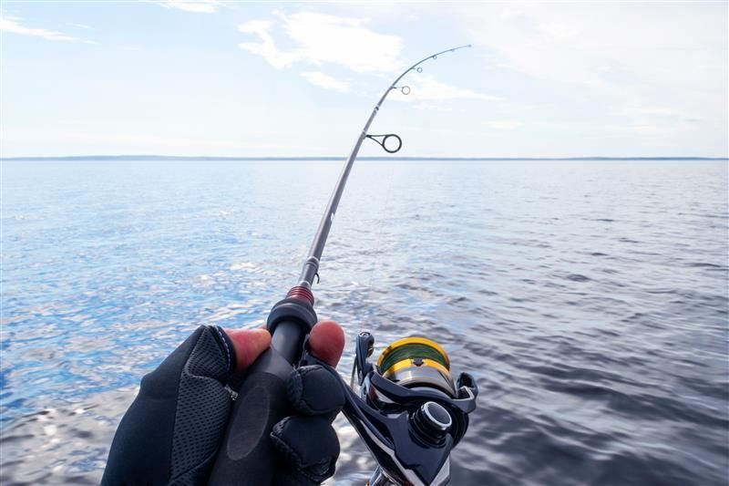 A person fishing with a rod on a calm sea under a blue sky.