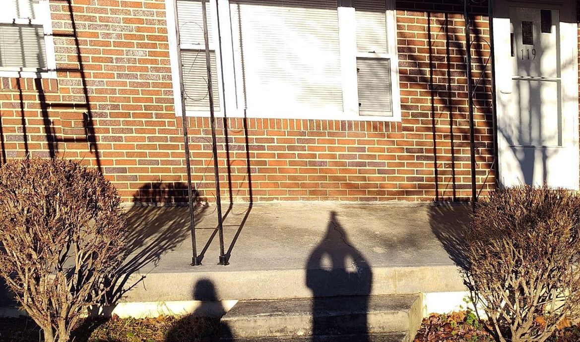Brick house facade with a porch, windows, and bushes, showing shadows of a ladder and two people on the concrete.