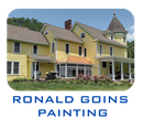 A yellow two-story house with a turret and sunroom, with the text "RONALD GOINS PAINTING" below it.