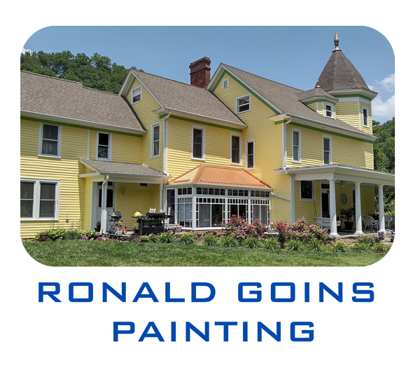 A yellow two-story house with a turret and sunroom, with the text "RONALD GOINS PAINTING" below it.