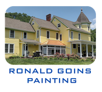 A yellow two-story house with a turret and sunroom, with the text "RONALD GOINS PAINTING" below it.