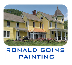 A yellow two-story house with a turret and sunroom, with the text "RONALD GOINS PAINTING" below it.