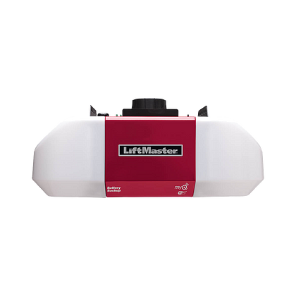 A LiftMaster garage door opener, white with a red center section, viewed from the front.