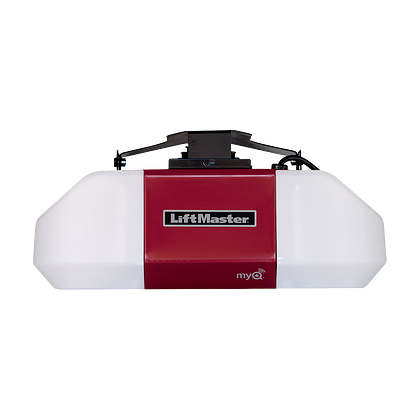 A LiftMaster garage door opener. The unit is white with a red center panel and