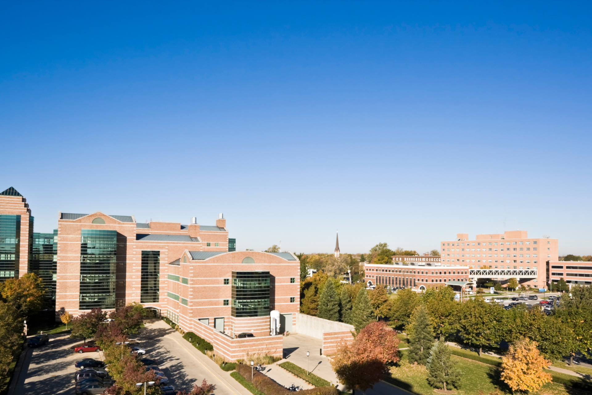 An aerial view of a large brick building with a lot of windows