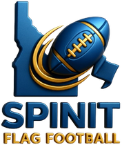 Logo for Spinit Flag Football: Blue football spins around Idaho outline; text reads "SPINIT FLAG FOOTBALL".