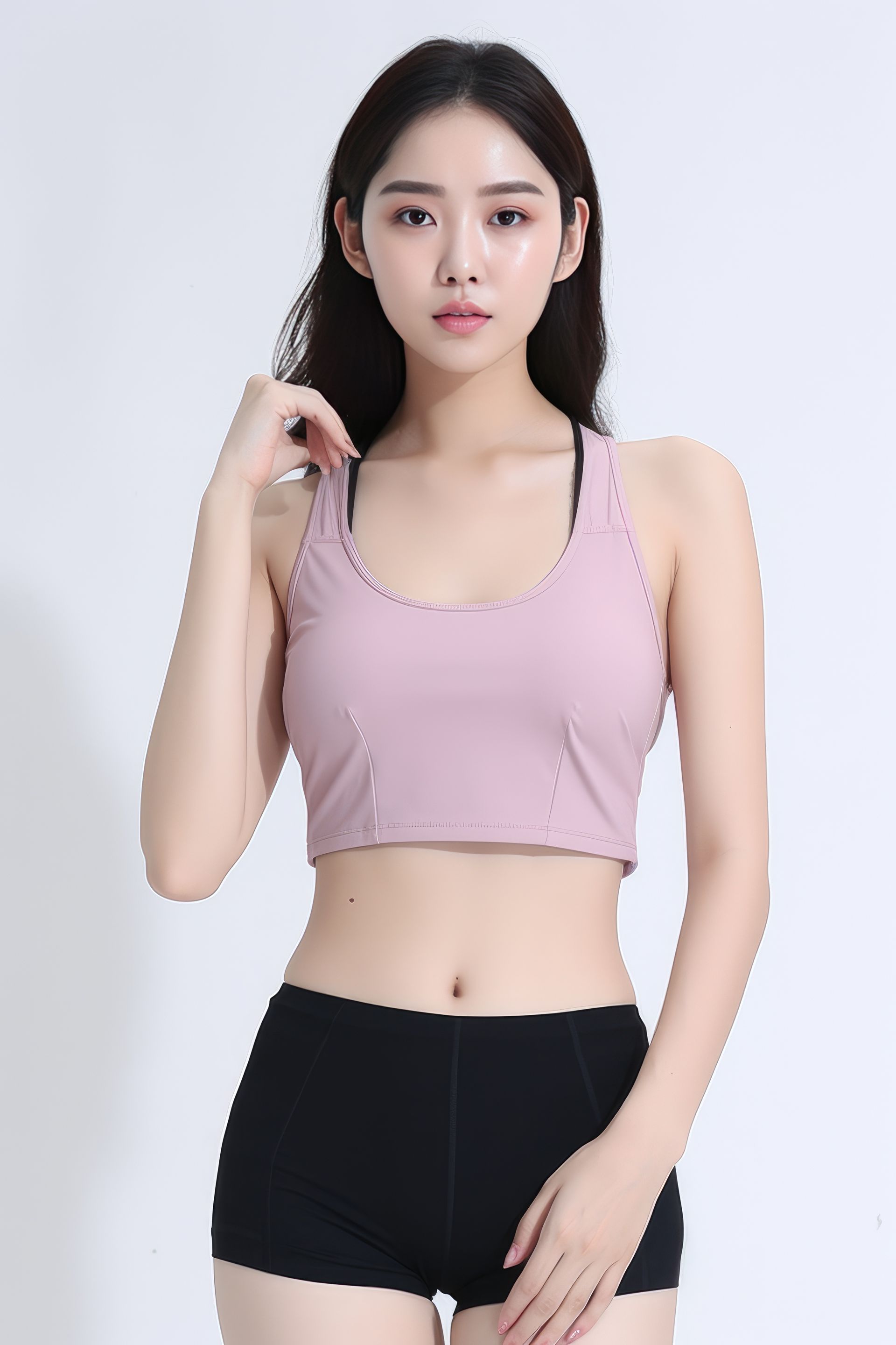 a woman is wearing a pink crop top and black shorts .