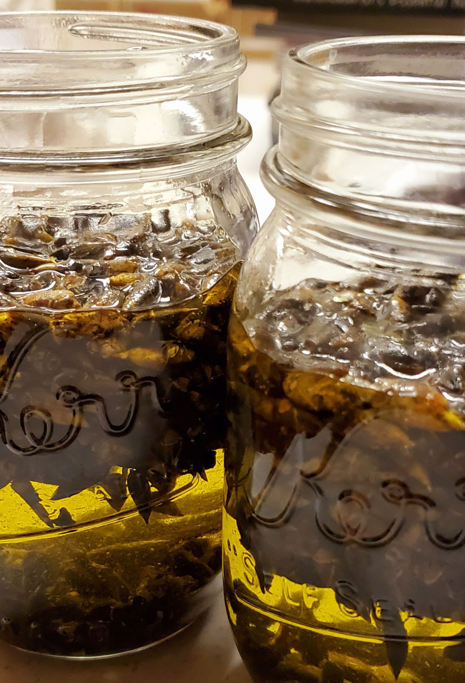 Two glass jars filled with dark herbs and oil, possibly infused.